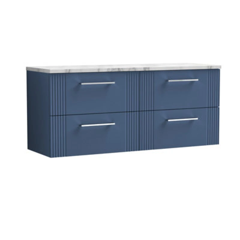 Image of Nuie Deco Wall Hung 4-Drawer Vanity Unit & Carrera Marble Laminate Worktop, Counter Top Vanity Unit In Satin Blue, 1200mm