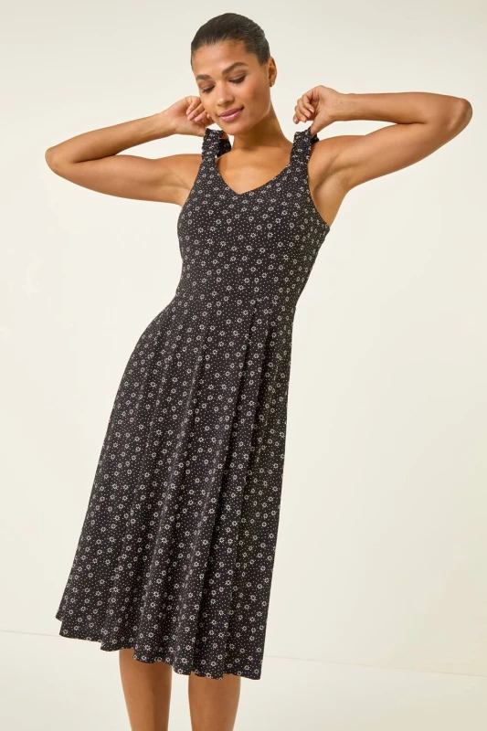 Image of Roman Womens Floral Spot Print Midi Dress in Black Size: 12 Black Female 12