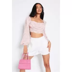 Image of I Saw It First Pink Woven Ruched Detail Milkmaid Top - Pink
