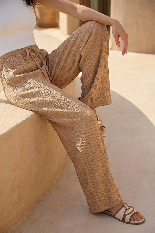 Image of Dusk Womens Crinkle Wide Leg Stretch Trouser in Beige Size: 14 Beige Female 14