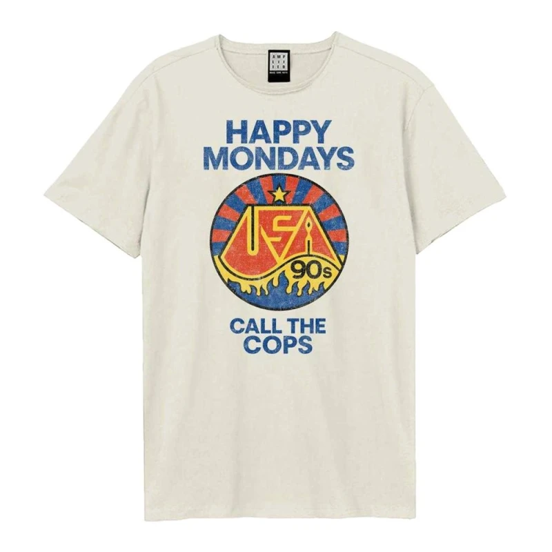 Image of Amplified Mens Call The Cops Happy Mondays T-Shirt in Ecru Size: XS Ecru Male XS