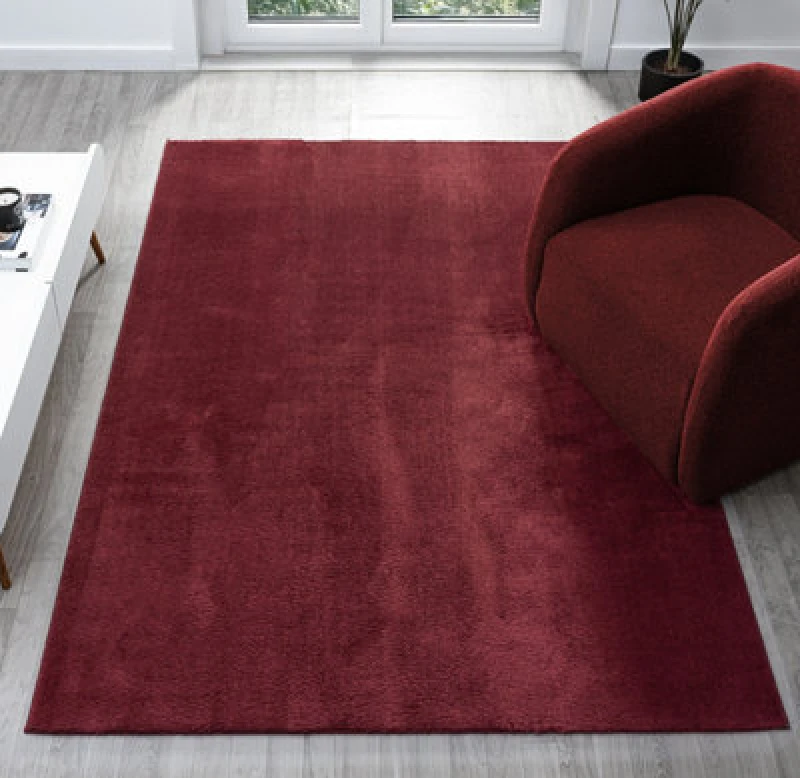 Image of Comfy Washable Low Pile Living Room Area Rug - Anti Slip Felt Backing Red 120Cm X 160Cm