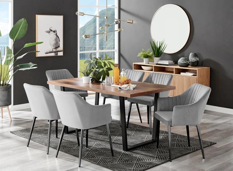 Image of FurnitureboxUK FurnitureboxUK Kylo Large Brown Wood Effect Dining Table & 6 Calla Black Leg Velvet Chairs in Grey Grey One Size Unisex 5056657171575