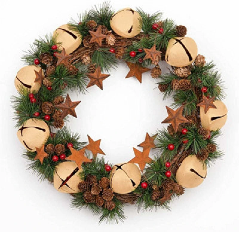 Image of Shatchi 40cm Christmas Wreath with Jingle Bells Stars Pine Cones Berries Leaves for Outdoor Beige