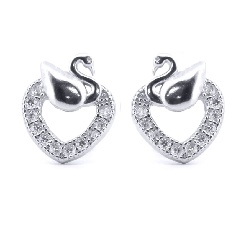 Image of Jewelco London Silver Round CZ Swan Love Heart Stud Earrings - AES173 Silver female