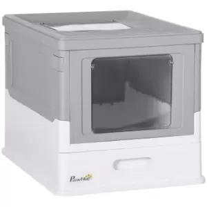 Image of PawHut Hooded Cat Litter Box Scoop Included, Litter Tray with Front Entry Top Exit, Portable Pet Toilet with Large Space, Easy Assemble, Grey