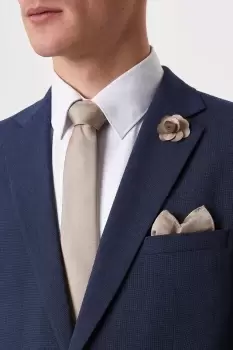 Image of Mens slim Champagne Wedding Plain Tie Set With Matching Lapel Pin