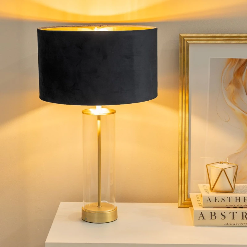 Image of ValueLights ValueLights Balan Glass with Gold Table Lamp and Velvet with Gold Inner Shade and LED Bulb in Black One Size Unisex 5059406061950