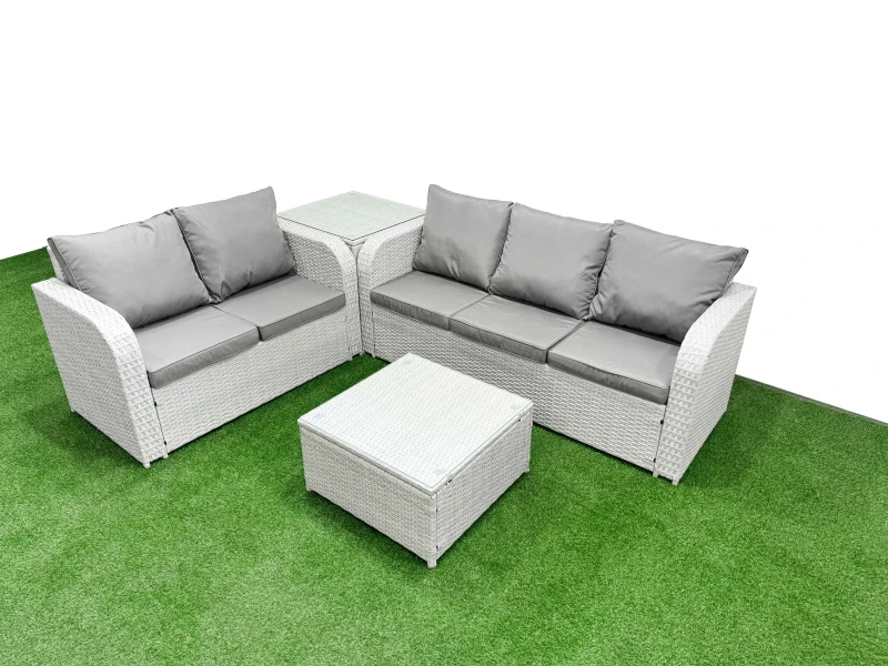 Image of Fimous 5 Seater PE Rattan Wicker Garden Furniture Patio Conservatory Sofa Set with Square Coffee Table 3 Seater Sofa Love Sofa Side Table Light Grey