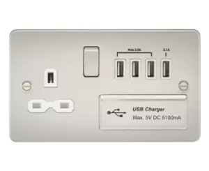 Image of Knightsbridge Flat plate 13A switched socket with quad USB charger - pearl with white insert - FPR7USB4PLW