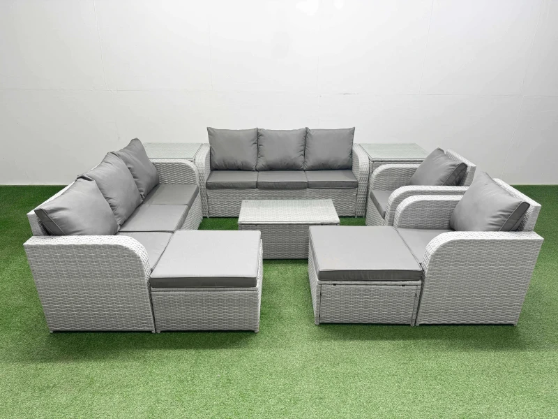 Image of Fimous PE Rattan High Back Lounge Sofa Set Patio Coffee Table & Chairs Set with 3 Seater Sofa Reclining Chair 2 Big Footstool 2 Side Table Light Grey