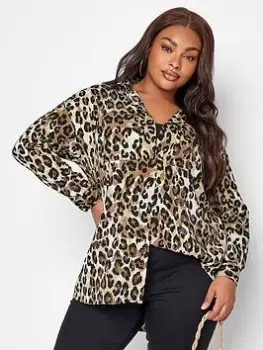 Image of Yours Oversized Shirt Brown Animal, Brown, Size 20, Women