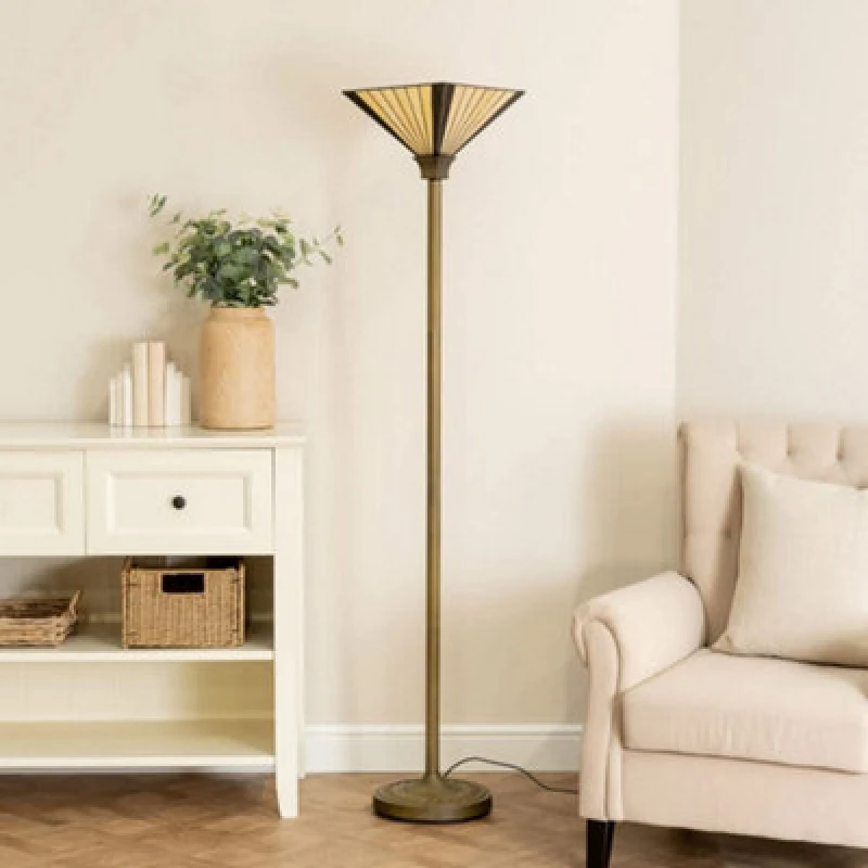 Image of ValueLights ValueLights Tiffany Traditional Stained Glass Antique Brass Uplighter Floor Lamp in Amber Amber One Size Unisex 5016529261766