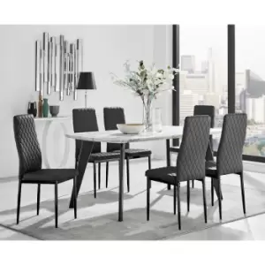 Image of Furniturebox Andria Black Leg Marble Effect Dining Table and 6 Black Milan Faux Leather Dining Chairs With Black Legs