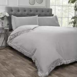Image of Tia Trelis Silver Duvet Set, Lace, Fringe trimmed detail Double - Silver