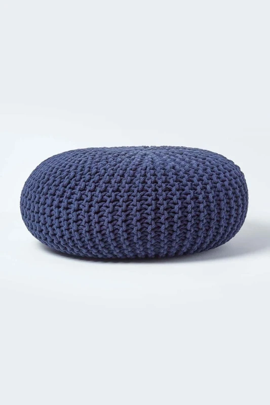 Image of Homescapes Large Round Cotton Knitted Pouffe Footstool Navy