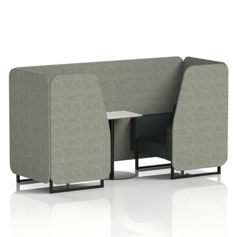 Image of Brixworth 2 Seater Office Booth with Front Panel - Black Legs and White Table with Black Leg in Rivet Fabric - Vitreous Panels and Charcoal Sofa