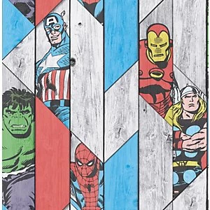 Image of Marvel Superheroes Wood Panel Effect Multicoloured Decorative Wallpaper - 10m
