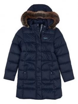 Image of Barbour Girls Bridled Quilt Faux Fur Hooded Coat - Navy