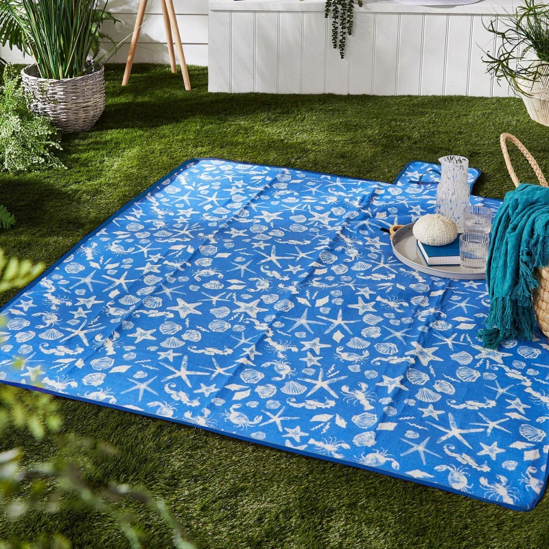 Image of Fusion 'Coastal Bay' Sea Life Print Waterproof Backed Picnic Blanket Blue