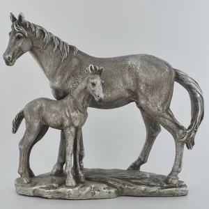 Image of Antique Silver Mare and Foal Family Scene Ornament