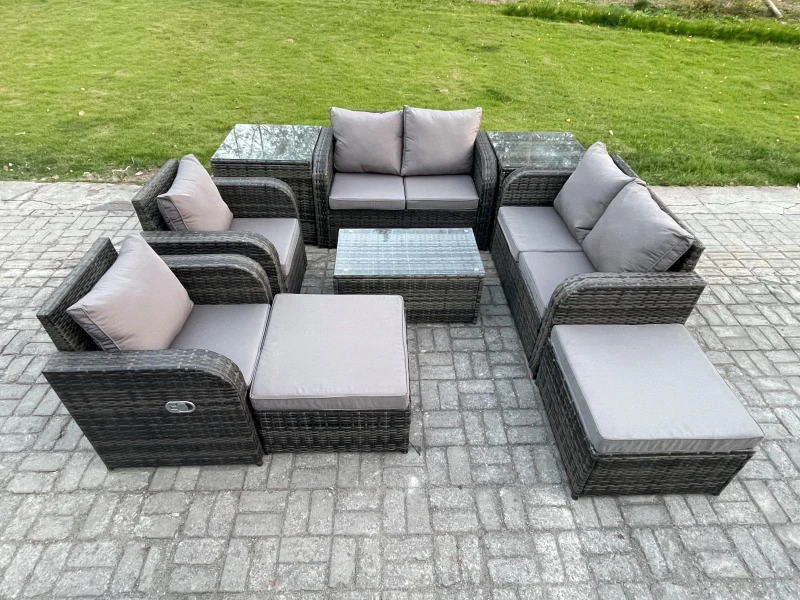 Image of Fimous High Back Rattan Garden Furniture Set with Loveseat Sofa Coffee Table 2 Side Tables 2 Big Footstool Indoor Outdoor Patio Lounge Sofa Set Dark G