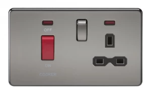 Image of KnightsBridge 2G 45A DP 230V Screwless Black Nickel Electric Switch With Neon and Socket - Black Insert