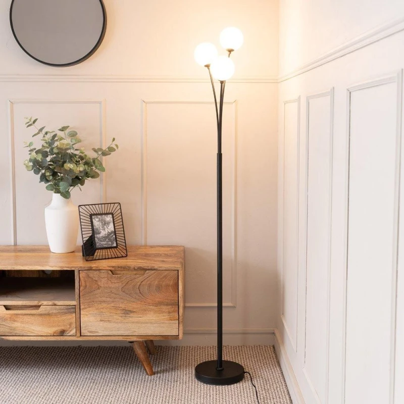 Image of ValueLights Velika 3 Arm Opaque Globe Floor Lamp Light with LED Bulbs Black
