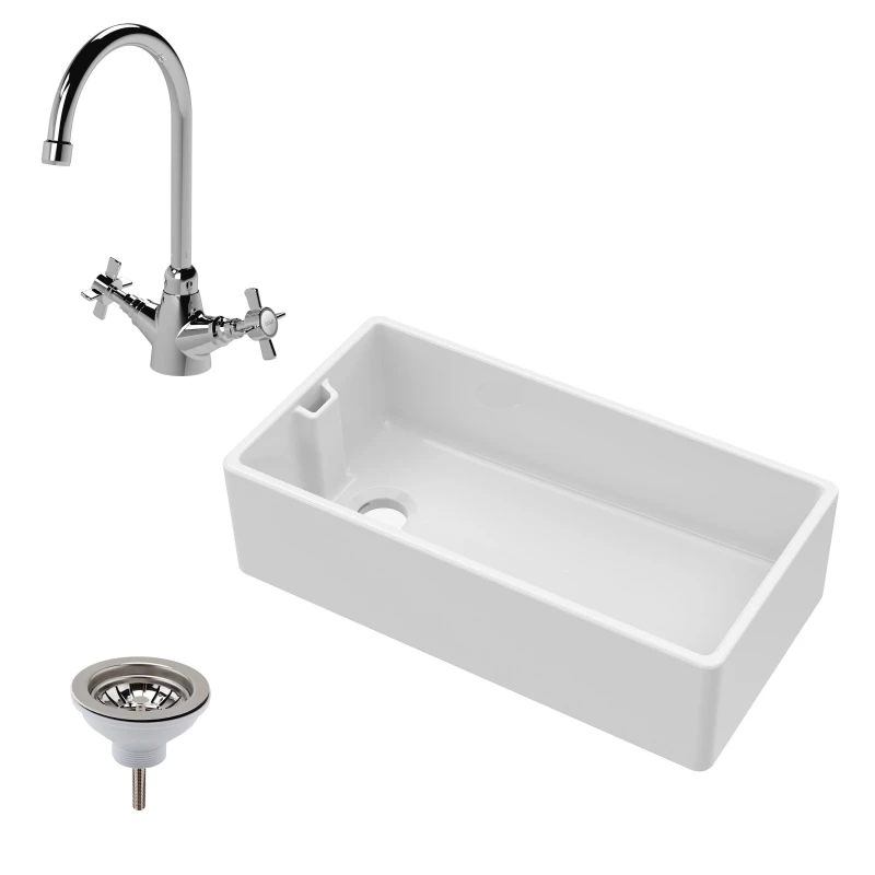 Image of Balterley Fireclay Belfast Sink Overflow Sink Mixer Tap Waste 895mm in White White Unisex