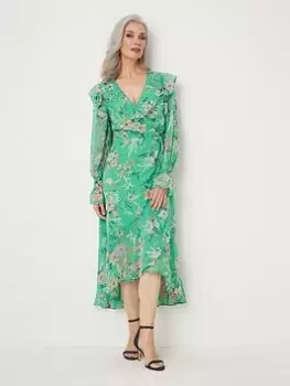 Image of Wallis Botanical Ruffle Neck Wrap Dress - Green, Size 10, Women