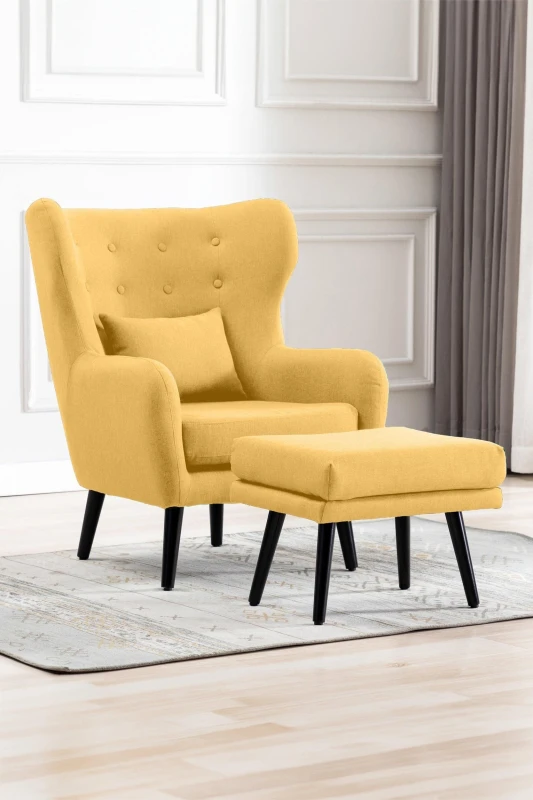 Image of More4Homes Winslow Wing Back Occasional Bedroom Living Room Button Back Linen Fabric Accent Chair Armchair (mustard W Footstool), Yellow 5.055