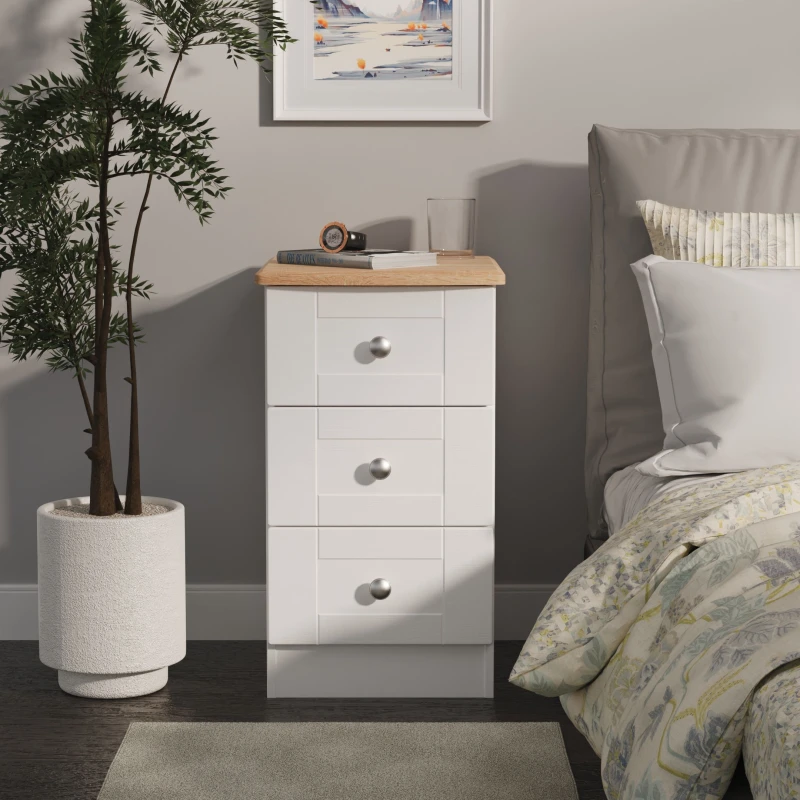 Image of Welcome Furniture Ready Assembled Sussex 3 Drawer Bedside Cabinet In White Ash & Bardolino Oak, White SUS001WABO