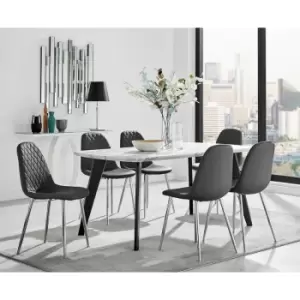 Image of Furniturebox UK - Andria Black Leg Marble Effect Dining Table and 6 Black Corona Faux Leather Dining Chairs with Silver Legs Diamond Stitch - Black