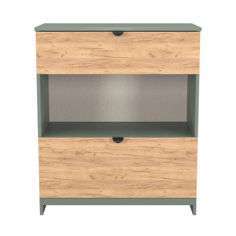 Image of Welcome Furniture Ready Assembled Bora 2 Drawer Open Shelf Deep Chest, Green BOP649GCRG