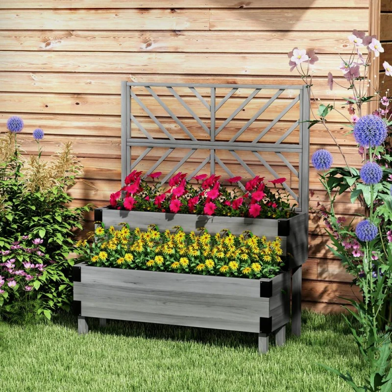 Image of OUTSUNNY 2-Tier Wooden Raised Bed with Trellis, Elevated Garden Planter in Grey Grey Unisex