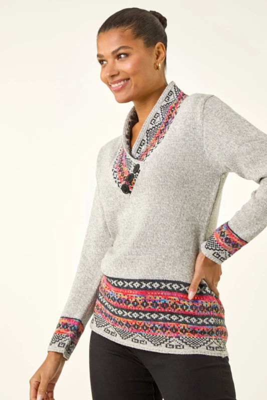 Image of Roman Nordic Print Button Detail Jumper Grey
