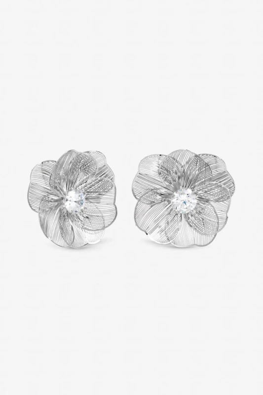 Image of Jon Richard Womens Rhodium Plated Crystal Statement Flower Earrings in Silver Silver Female One Size