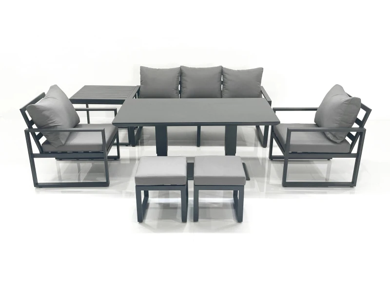 Image of Fimous Outdoor Aluminium Garden Furniture Set w/ Adjustable Rising Lifting Dining Table 3 Seater Sofa 2 Chair 2 Small Footstools Side Table Dark Grey