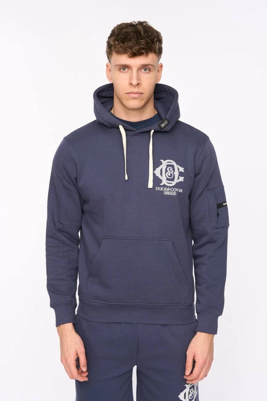 Image of Duck and Cover Mens Randolph Functional Hooded Sweatshirt with Pocket in Navy Size: Large Navy Male L