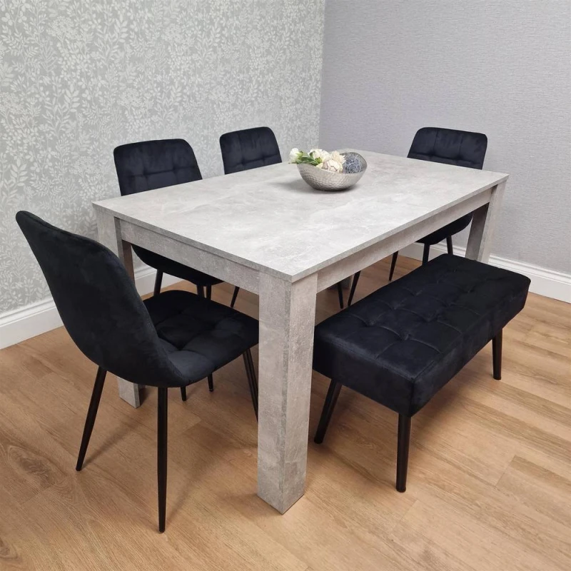 Image of KOSY KOALA Modern Grey Dining Table with 4 Black Velvet Chairs & Black Bench Grey Unisex
