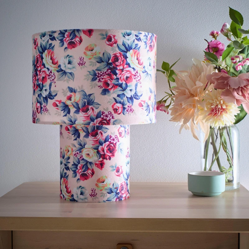 Image of K Living Kobe Pink Rose Bud Printed Velvet Table Lamp Pink unisex One Size