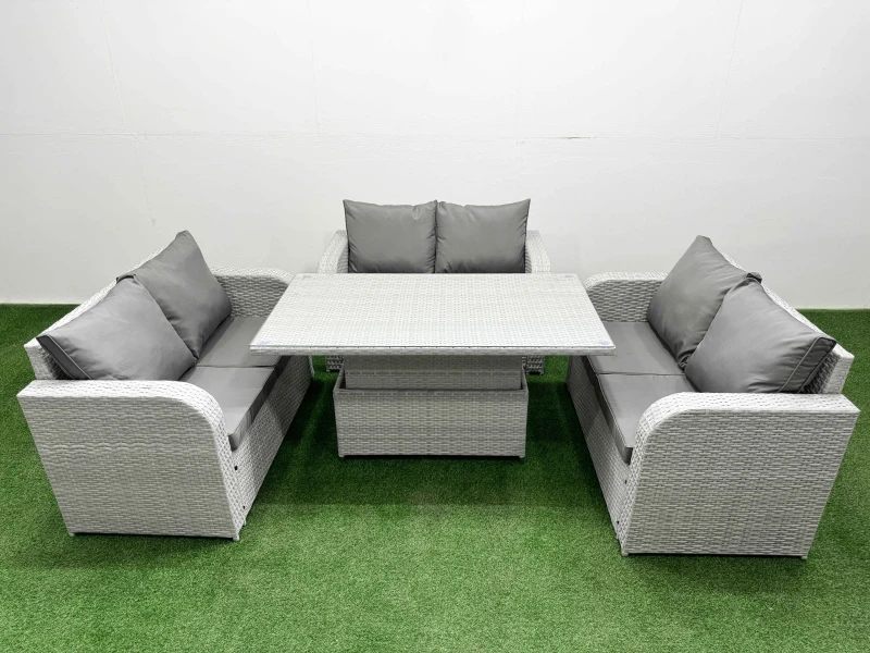 Image of Fimous 6 Seater PE Wicker Rattan Furniture Sofa Sets with Adjustable Lifting Dining or Coffee Table 2 Seater Love Sofa Light Grey Light Grey