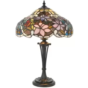 Image of Tiffany Glass Table Lamp Light Dark Bronze & Multi Colour Floral Shade i00229