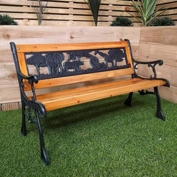 Image of Kids 2 Seater Wooden & Cast Iron Garden Patio Childrens Bench with Animal Design