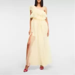 Image of Missguided Tulle Tiered Asymmetric Shoulder Ruffle Maxi Dress - Yellow