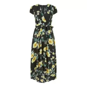 Image of Mela London Black Floral Dipped Hem Midi Wrap Dress - Black
