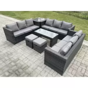 Image of Fimous 8 Seater Outdoor Dark Grey Rattan Lounge Complete Sofa Set with Oblong Rectangular Coffee Table, Side Table and 2 Stools