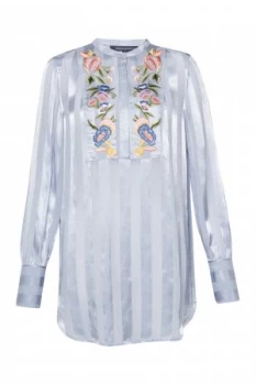 Image of French Connection Katalina Stripe Collarless Shirt Melange Blue