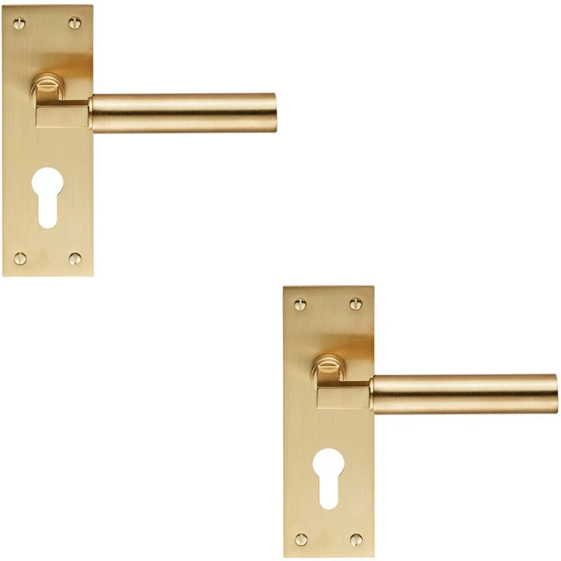 Image of Loops 2x PAIR Round Bar Handle on Slim Euro Lock Backplate 150 x 50mm Satin Brass Metallics