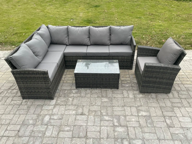 Image of Fimous Rattan Lounge Corner Sofa Set Wicker PE Outdoor Garden Furniture Set with Rectangular Coffee Table Armchair in Dark Grey Dark Grey Unisex